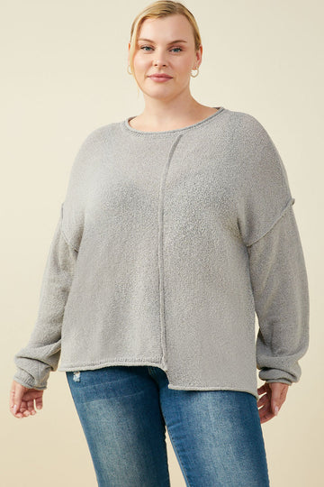 HY9627 Grey Womens Stitch Detail Asymmetric Sweater Top Pose